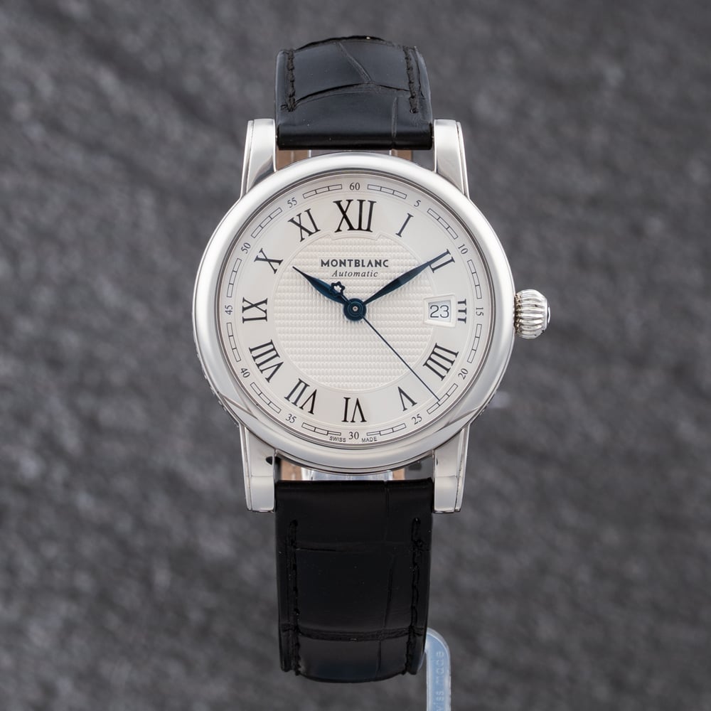 Pre-Owned Montblanc Mens Star Silver Dial Leather Strap Watch 107114