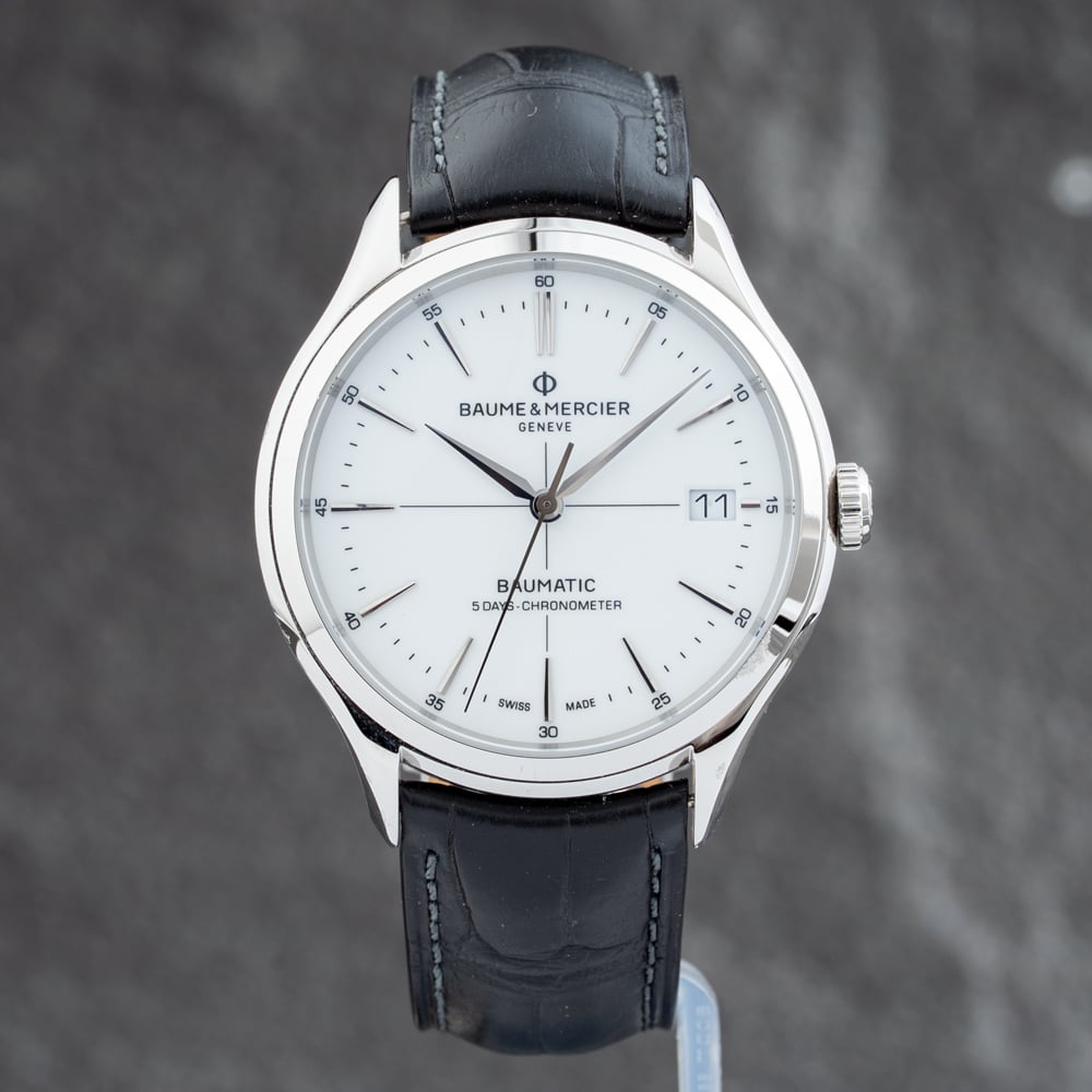 Pre-Owned Baume &amp; Mercier Mens Clifton White Dial Leather Strap Watch 10518