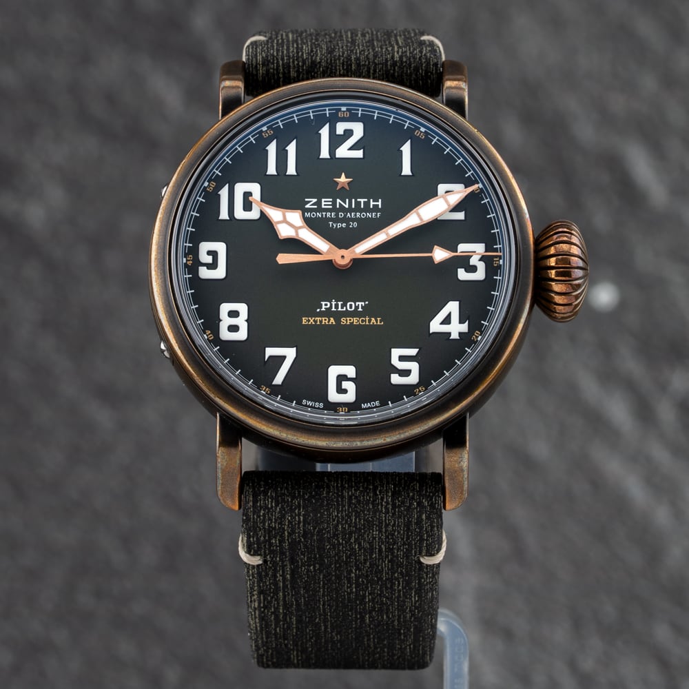 Pre-Owned ZENITH Mens Pilot Extra Special Green Leather Strap Watch 29.2430.679