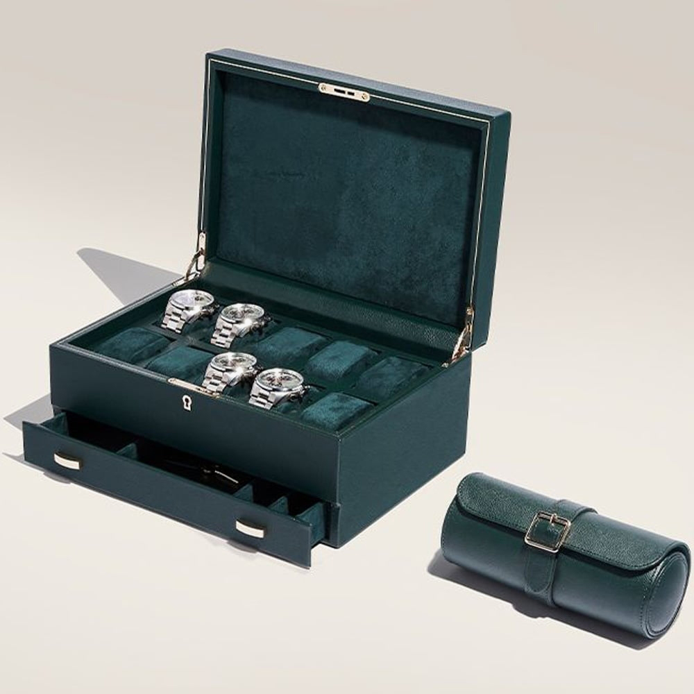 WOLF Racing Green Leather Triple Watch Roll 792941