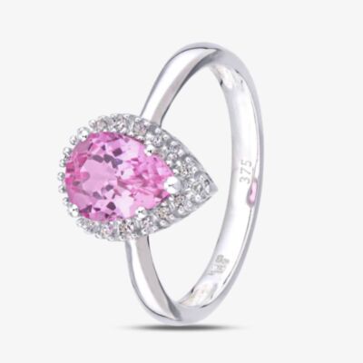 9ct White Gold Pear Cut Pink Sapphire & Diamond Halo Ring PR07331WCPSA