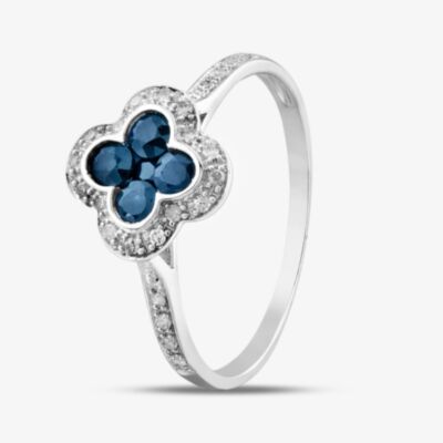 9ct White Gold Sapphire & Diamond Quatrefoil Shaped Cluster Ring PR10950 SA