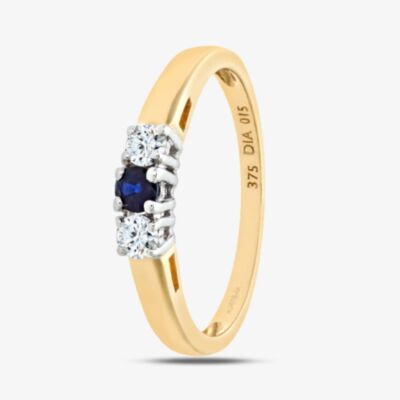 9ct Yellow Gold Three Stone Blue Sapphire 0.15ct Diamond Ring PR06007Y SA