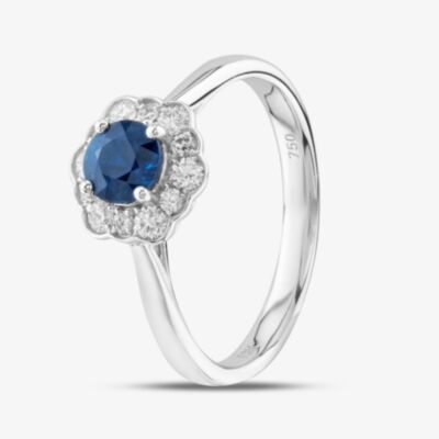 18ct White Gold Brilliant Cut Sapphire & Diamond Flower Halo Ring R73026W-SAP M