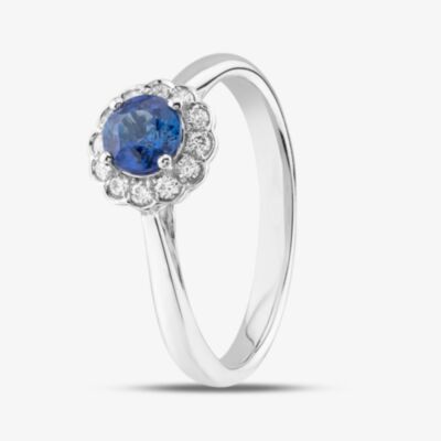 18ct White Gold Brilliant Cut Sapphire & Diamond Small Flower Halo Ring R61930W-SAP M