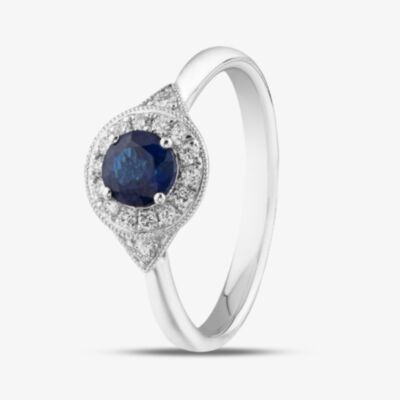 18ct White Gold Brilliant Cut Sapphire & Diamond Shoulder Set Halo Ring R62366W-SAP M