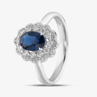 18ct White Gold Oval Cut Sapphire & Brilliant Cut Diamond Double Halo Ring R65158W-SAP M
