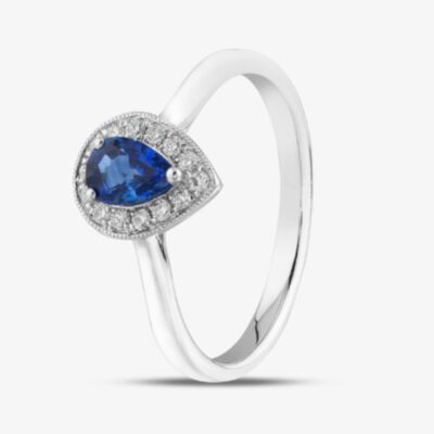 18ct White Gold Pear Cut Sapphire & Brilliant Cut Diamond Halo Ring R61803W-SAP M