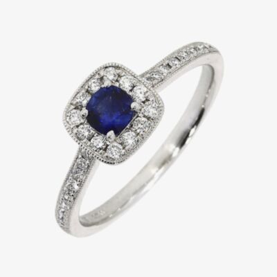 18ct White Gold Brilliant Cut Diamond & Sapphire Shoulder Set Halo Ring 24995