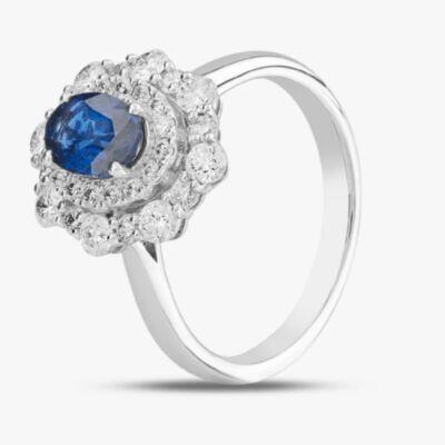 18ct White Gold 0.91ct Oval Cut Sapphire & 0.82ct Brilliant Cut Diamond Double Halo Ring 1518173 18KW M