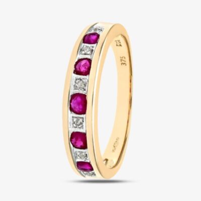 9ct Yellow Gold Brilliant Cut Ruby & 0.02ct Diamond Half Eternity Ring PR03027Y RU