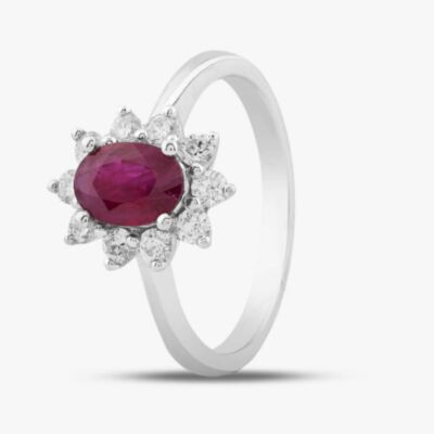18ct White Gold 0.90ct Oval Cut Ruby & 0.43ct Brilliant Cut Diamond Halo Ring BFMJ N