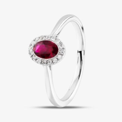 18ct White Gold Oval Cut Ruby & Brilliant Cut Diamond Halo Ring R57194W-RUBY N