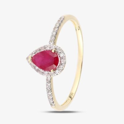 18ct Yellow Gold Pear Shaped Ruby & 0.10ct Diamond Cluster Ring DR1606Y18RU