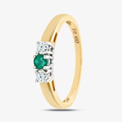 9ct Yellow Gold Emerald & 0.15ct Diamond Three Stone Ring PR06007Y EM