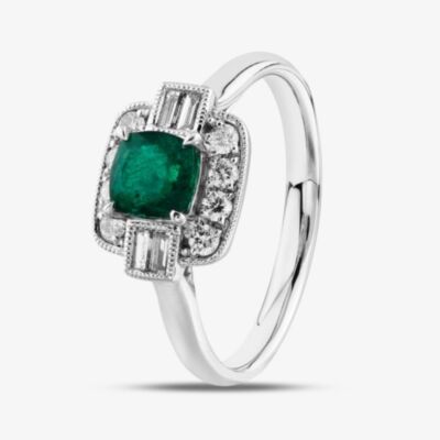 18ct White Gold Cushion Cut Emerald & Brilliant Cut Diamond Halo Ring R62080W-EM M