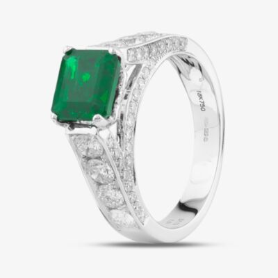 18ct White Gold 1.161ct Emerald Cut Sandawana Emerald & 1.19ct Brilliant Cut Diamond Shoulder Set Solitaire Ring BDL25