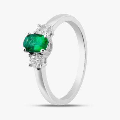 18ct White Gold 0.27ct Oval Cut Emerald & Diamond Shoulder Set Solitaire Ring BHGJ WG N