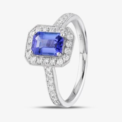 18ct White Gold Emerald Cut Tanzanite & Brilliant Cut Diamond Shoulder Set Halo Ring R46554-TZ