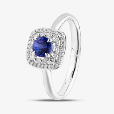 18ct White Gold Brilliant Cut Sapphire & Diamond Double Halo Ring R65157W-SAP M