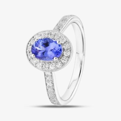 18ct White Gold Oval Cut Tanzanite & Brilliant Cut Shoulder Set Halo Ring R46558-TZ M