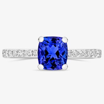 Tivon 18ct White Gold Cushion-Cut Tanzanite and Diamond Shoulders Ring RW-1885-TZ M1/2