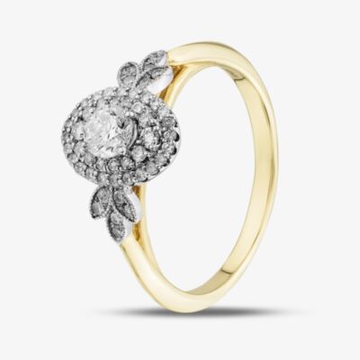 9ct Yellow Gold Certificated 0.43ct Diamond Leaf Oval Cluster Ring 31186/40-10