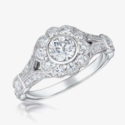 18ct White Gold Vintage 0.68ct Flower Cluster Split Diamond Shoulders Ring VR14(4.0)