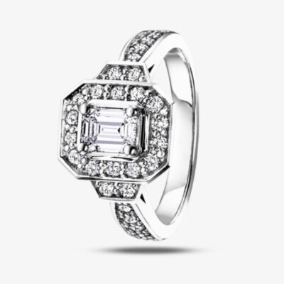 18ct White Gold 1.00ct Certificated Emerald-cut Diamond Halo Ring 3139WG/100-18