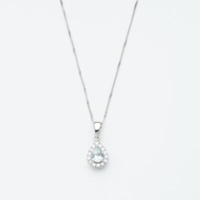 9ct White Gold 0.28ct Pear Cut Aquamarine & Diamond Halo Pendant Necklace NTP409PEAR-AQD-9WG