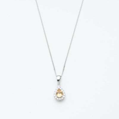 9ct White Gold 0.32ct Pear Cut Citrine & Diamond Halo Pendant Necklace NTP409PEAR-CITD-9WG
