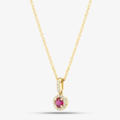 9ct Yellow Gold 0.20ct Brilliant Cut Ruby & 0.08ct Diamond Halo Necklace WWW2832