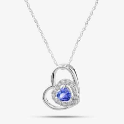 Gold Impression 9ct White Gold Double Open Heart Tanzanite & Diamond Pendant Necklace RJP4008