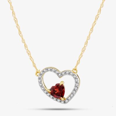 Gold Impression 9ct Yellow Gold Double Open Heart Garnet & Diamond Pendant Necklace RJP4000