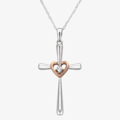 9ct Two Tone Gold 0.01ct Diamond Cross and Heart Pendant THP22146-01