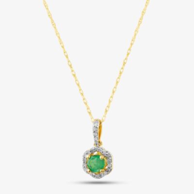  9ct Yellow Gold Emerald & 0.09ct Diamond Halo Pendant Necklace OJP1701-E