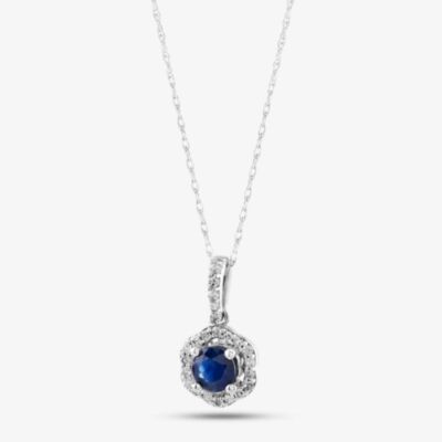  9ct White Gold Sapphire & Diamond Halo Pendant Necklace OJP1701-BS