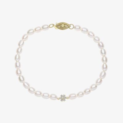 9ct Yellow Gold Flower Diamond Freshwater Pearl Beaded Bracelet GB531W