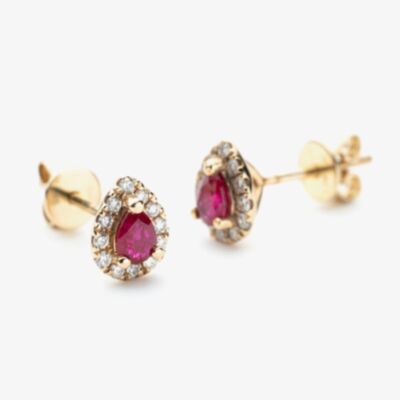 9ct Yellow Gold Pear Cut Ruby & 0.27ct Diamond Cluster Stud Earrings NTE409PEAR-RD-9YG