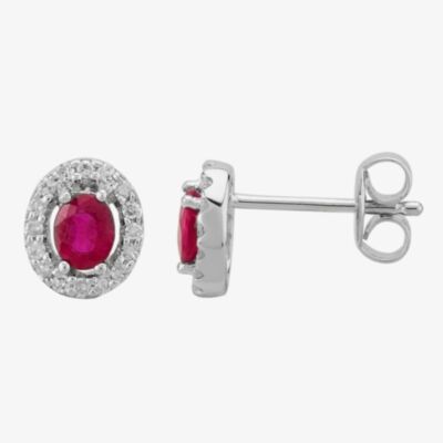 9ct White Gold Diamond Ruby Oval Cluster Earrings GE703R