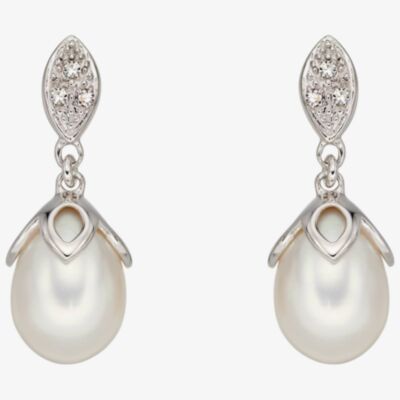 9ct White Gold Diamond And Fresh Water Pearl Dropper Earrings GE2223W