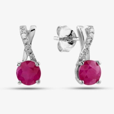  9ct White Gold Ruby & Diamond Crossover Stud Earrings OJE1703-R