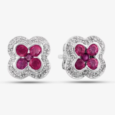 9ct White Gold Ruby and Diamond Quatrefoil Cluster Stud Earrings PE04942 RU