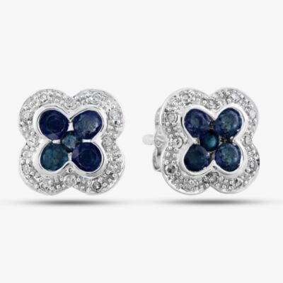 9ct White Gold Sapphire and Diamond Quatrefoil Cluster Stud Earrings PE04942 SA