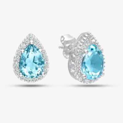 9ct White Gold Pear Shaped Blue Topaz & 0.13ct Diamond Halo Stud Earrings PE03553W BT