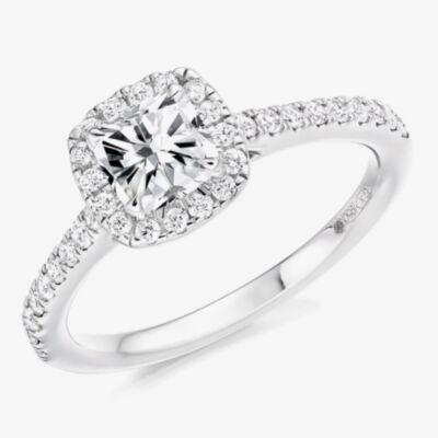 Platinum Excellence Platinum 0.87ct Certificated Cushion Cut Diamond Halo Ring ENG4051SMTPT