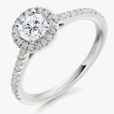 Platinum Excellence Platinum 0.85ct Certificated Round Brilliant Cut Diamond Shoulder Set Halo Ring ENG3753SMT-PLAT