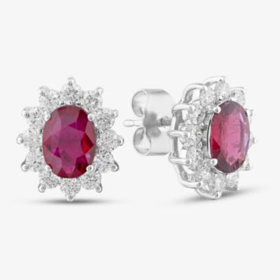 18ct White Gold 1.91ct Oval Cut Ruby & 0.89ct Diamond Cluster Stud Earrings MQ9239
