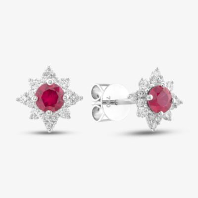 18ct White Gold 0.52ct Ruby & 0.23ct Brilliant Cut Diamond Star Halo Stud Earrings 39736