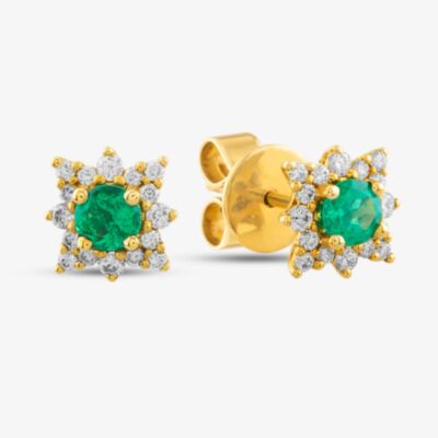 18ct Yellow Gold Emerald & Diamond Star Halo Stud Earrings 49736H4